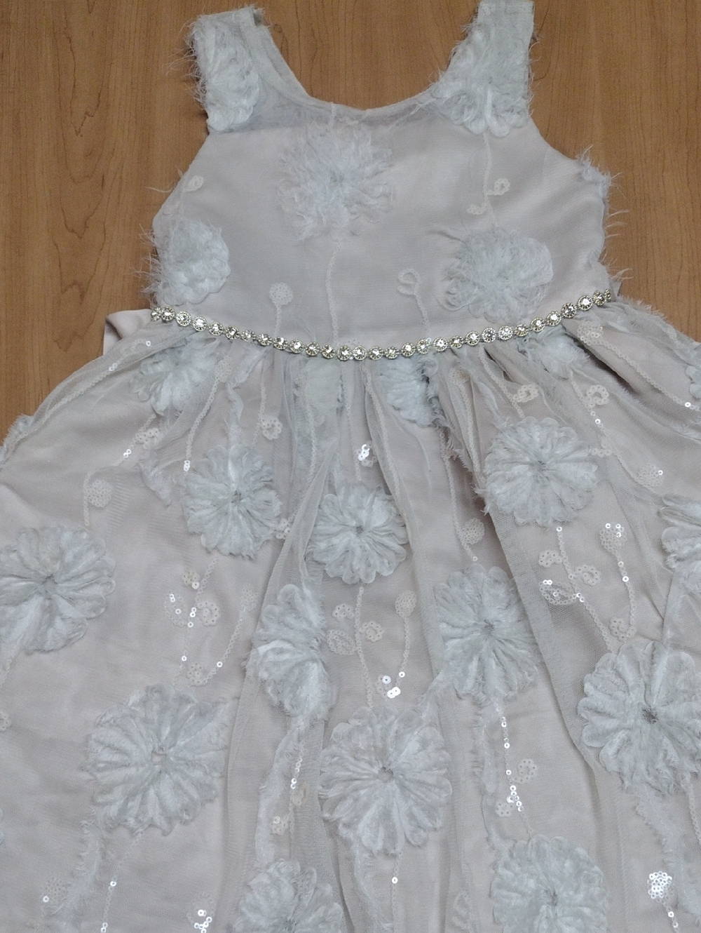 Girls Light Bage Floral Tulle Party Dress with Rhinestone Waist